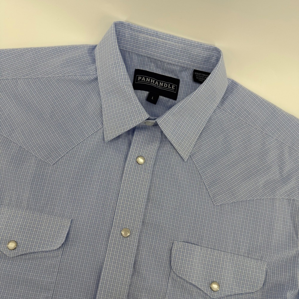 Panhandle Western Shirt Mens Large Blue White Micro Check Pearl Snap S/S
